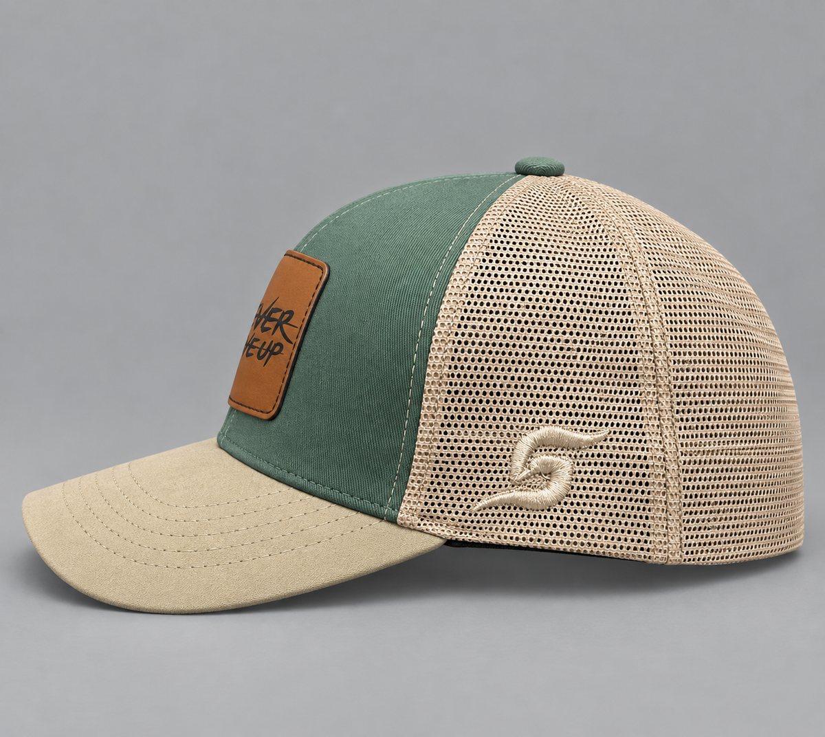 Shozef Green & Tan “Never Give Up” Trucker Cap