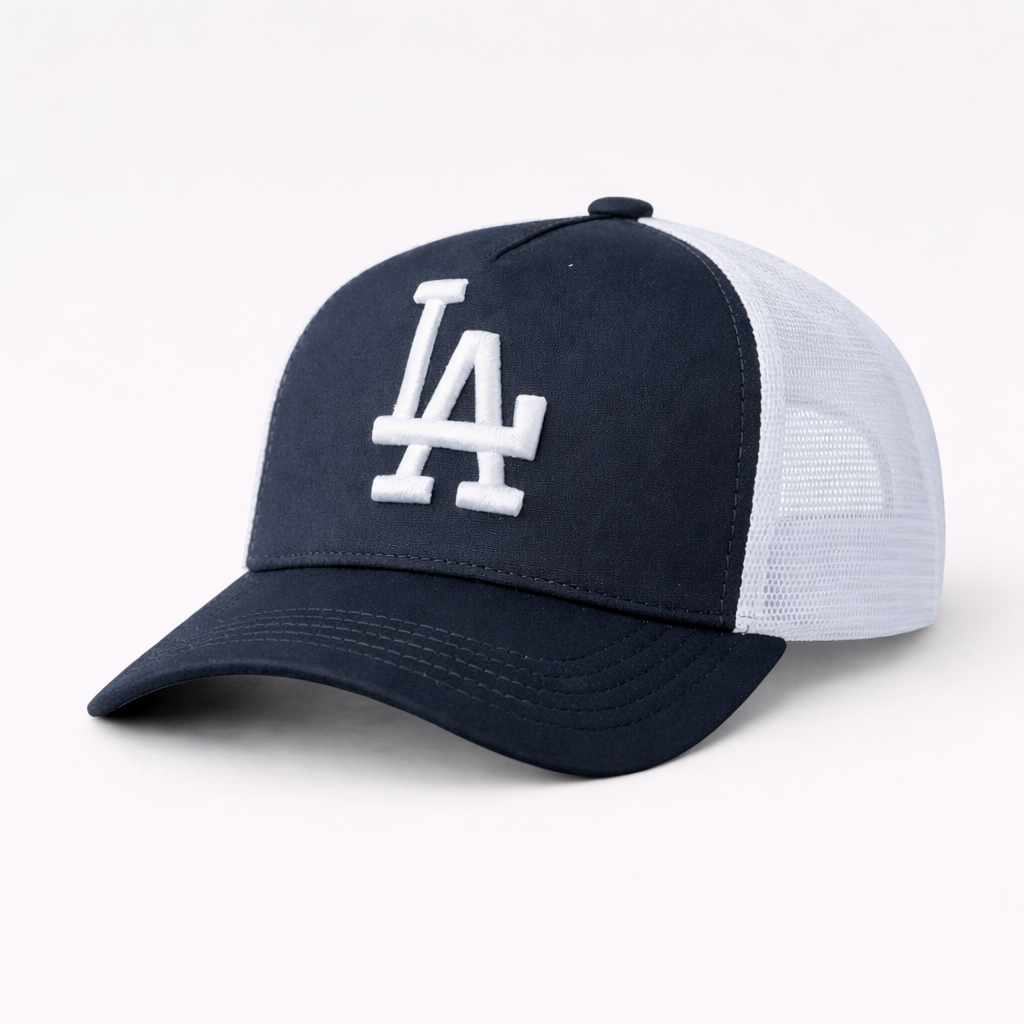 Pro Fit Snapback Trucker Hat in Off-White and Navy, front view showing six-panel crown