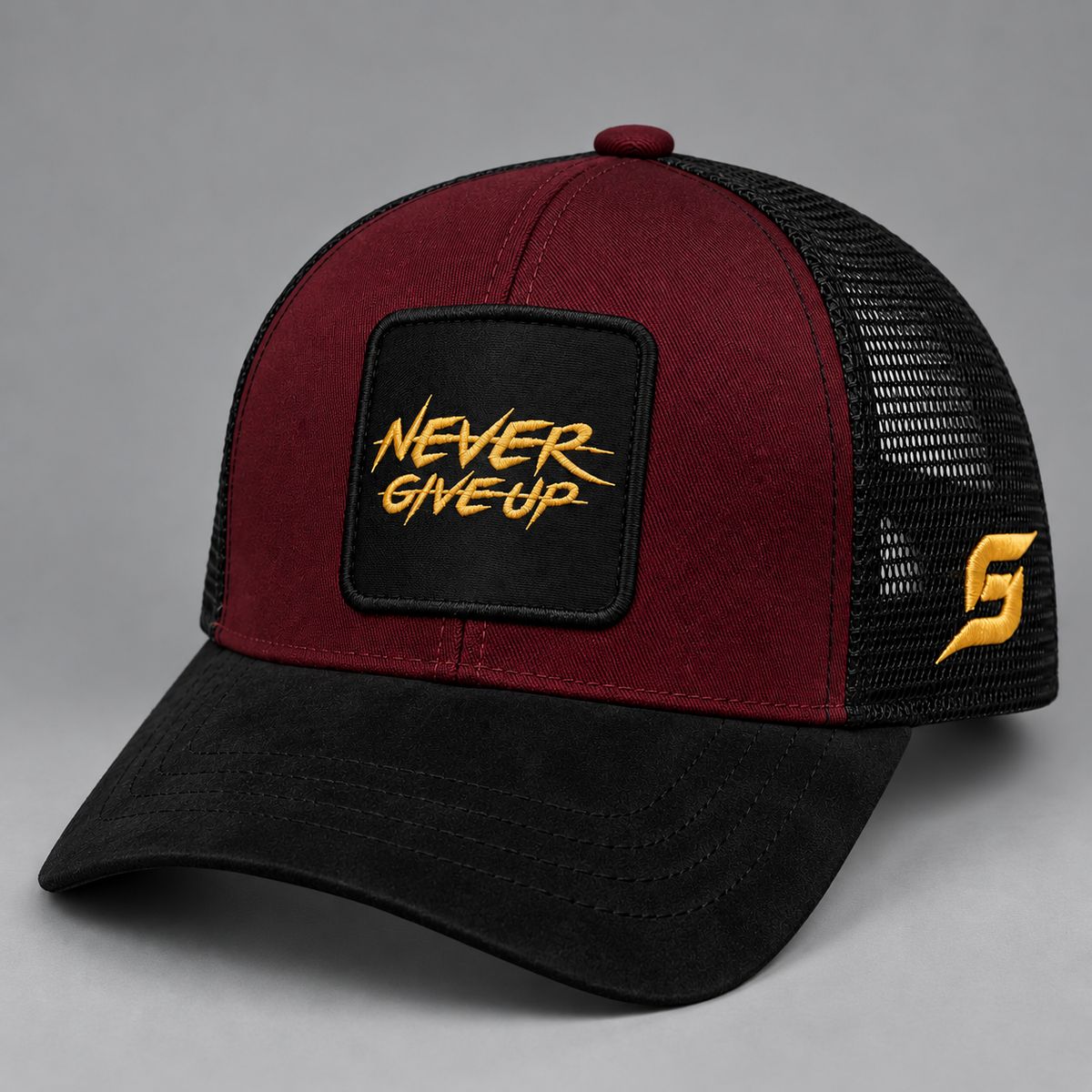 Shozef maroon “Never Give Up” Trucker Cap