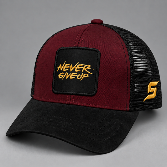 Shozef maroon “Never Give Up” Trucker Cap