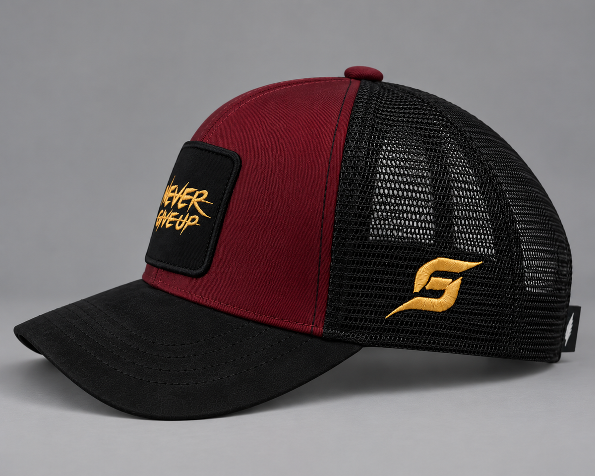 Shozef maroon “Never Give Up” Trucker Cap